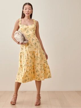 Reformation Montecito Yellow Gingham Lemon Floral Midi Dress